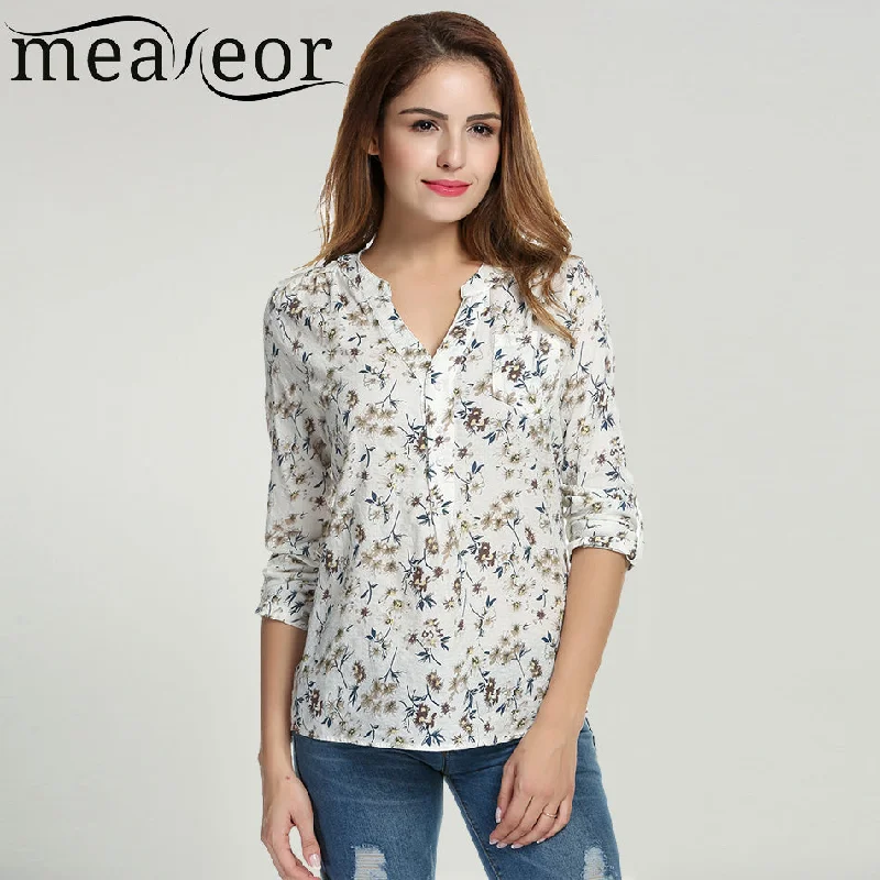 Meaneor Women Floral Print Blouse Tops 1950s 60s Vintage Autumn Clothing Casual Roll Up Sleeve Cotton Fabric High Quality Blouse