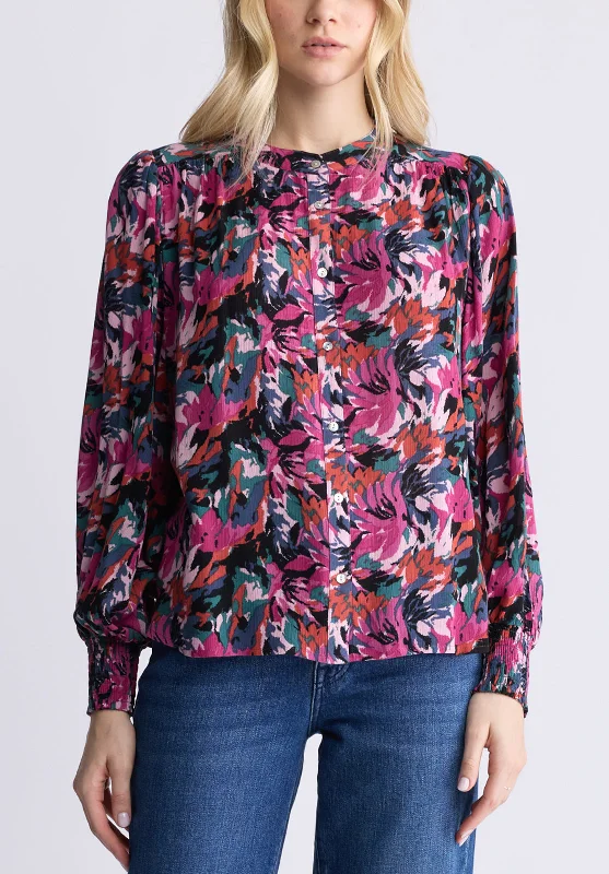 Ottilie Women's Long-Sleeved Blouse, Dark Pink Floral - WT0120F