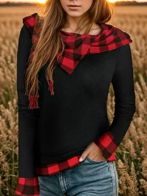 Plaid Asymmetrical Hooded Blouse