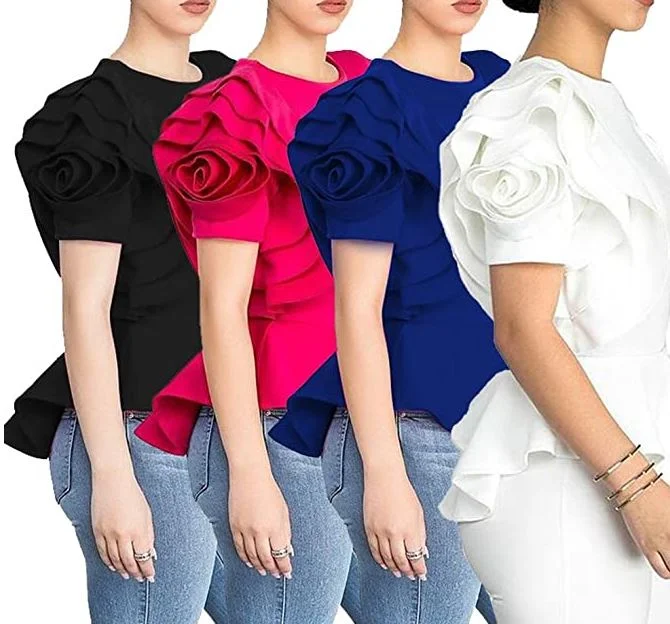 Round Neck Ruffle Short Sleeve Peplum Bodycon Blouse