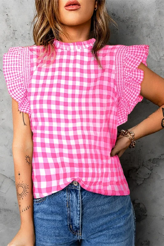 Ruffled Plaid Blouse with Cap Sleeve in 100% Cotton Fabric