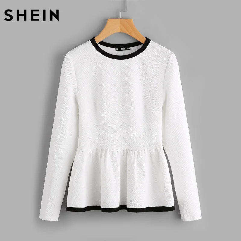 SHEIN Contrast Binding Textured Peplum Shirt  White Women Tops Blouses Autumn Long Sleeve Elegant Fall 2017 Fashion Blouse