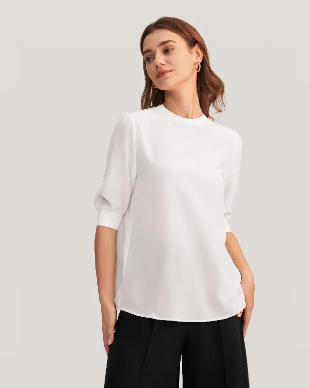 Elegant Casual Silk Tee With Rib Cuff for Women