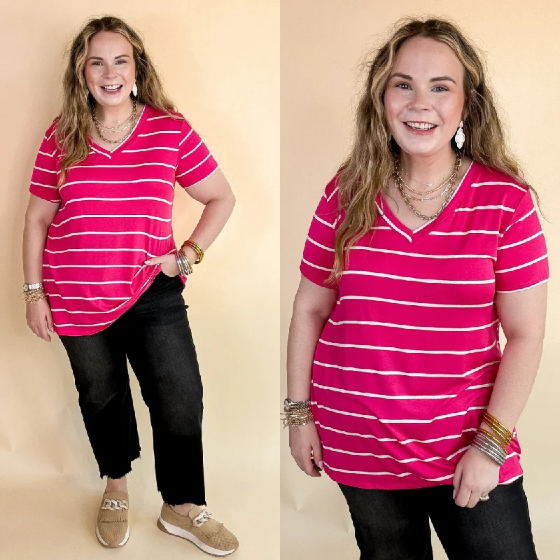 Keep Things Casual Striped V Neck Tee in Fuchsia