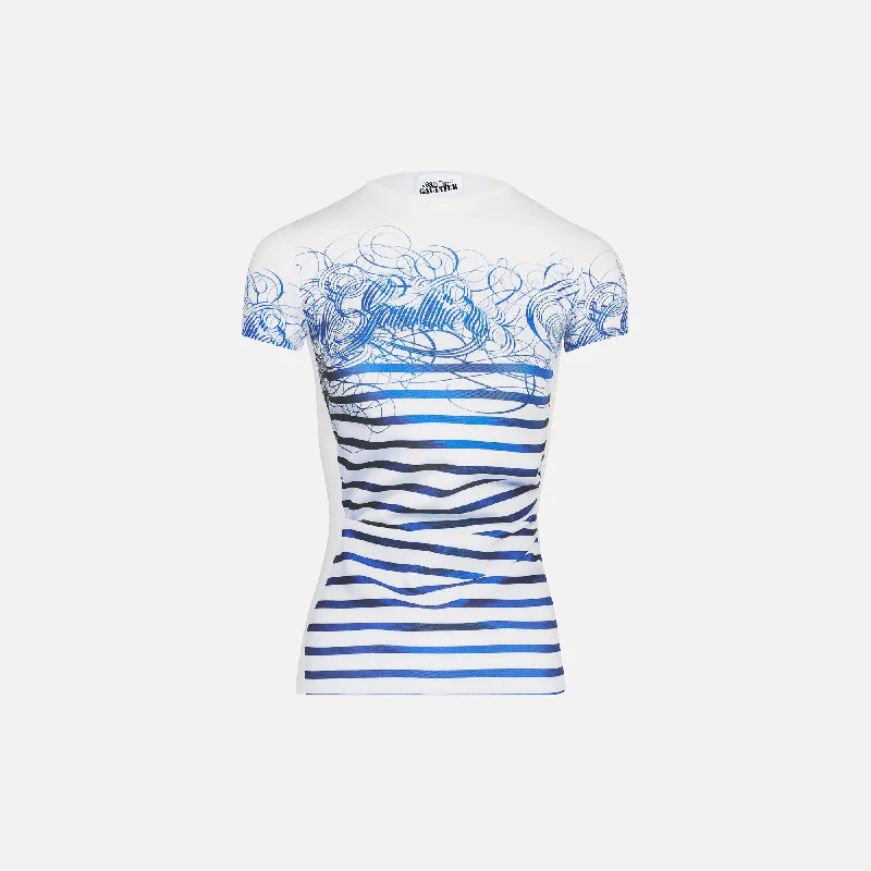 Jean Paul Gaultier Marinière Calligraphy Printed Spandex Tee - White / Navy