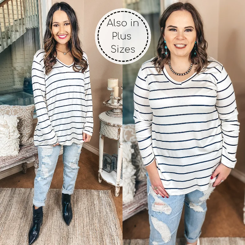 Keep Things Casual Long Sleeve Striped V Neck Tee in Ivory