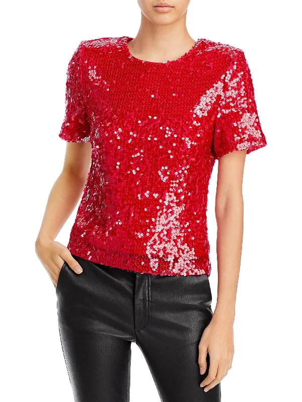 La Dame Womens Sequined Padded Shoulder T-Shirt