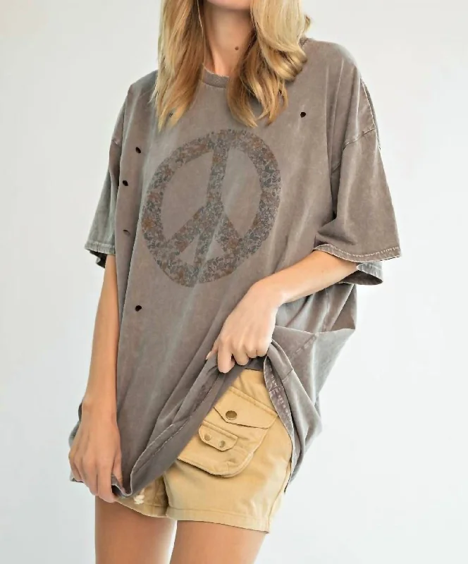 Peace Sign Printed Washed Tee In Sand