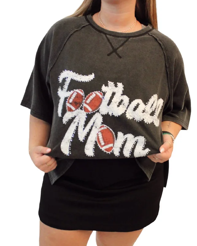 Sports Mom Rhinestone Oversized Tee Top In Football - Charcoal