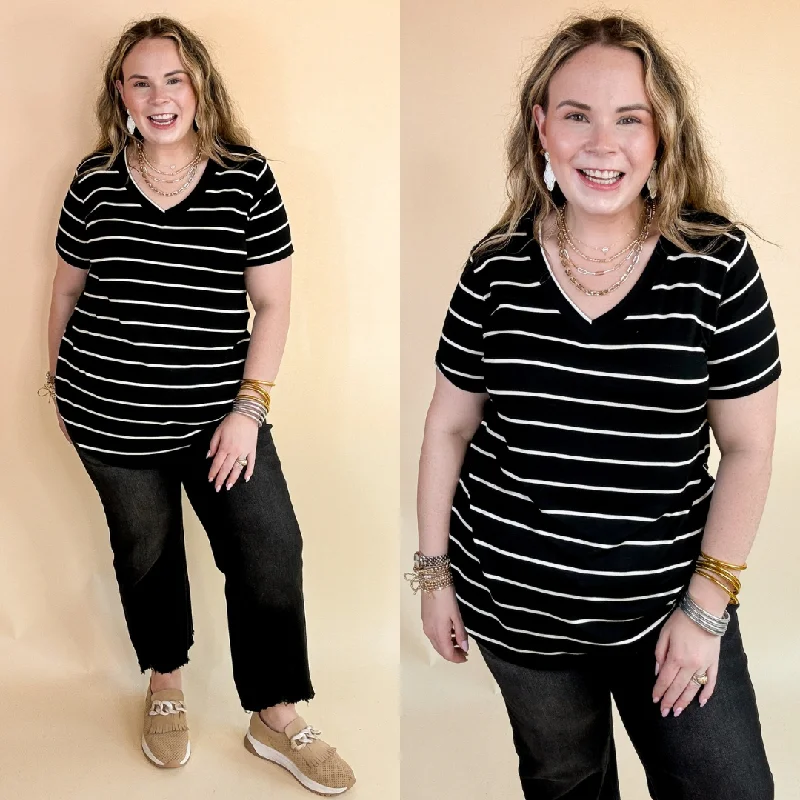 Keep Things Casual Striped V Neck Tee in Black