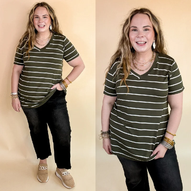 Last Chance Size Small & Medium | Keep Things Casual Striped V Neck Tee in Olive Green