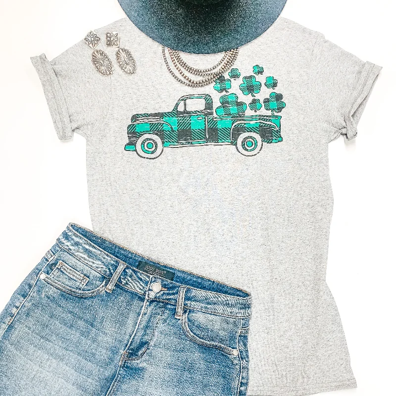 Take My Luck For A Ride Buffalo Plaid Pickup Truck with Clovers Graphic Tee in Heather Grey