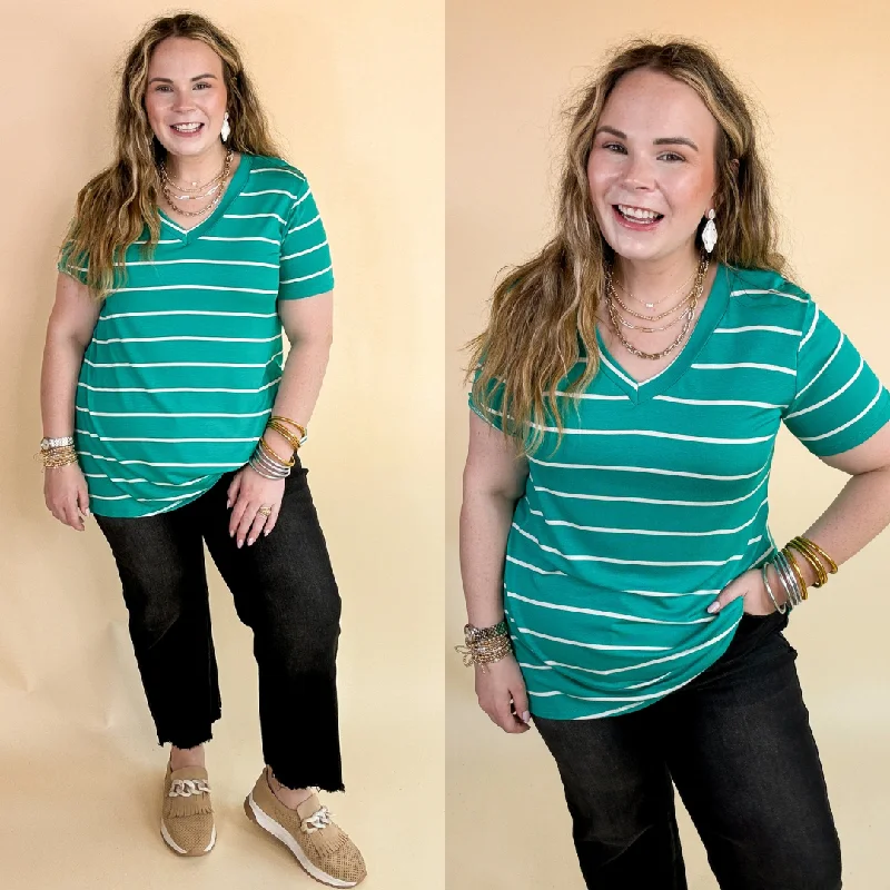 Keep Things Casual Striped V Neck Tee in Teal