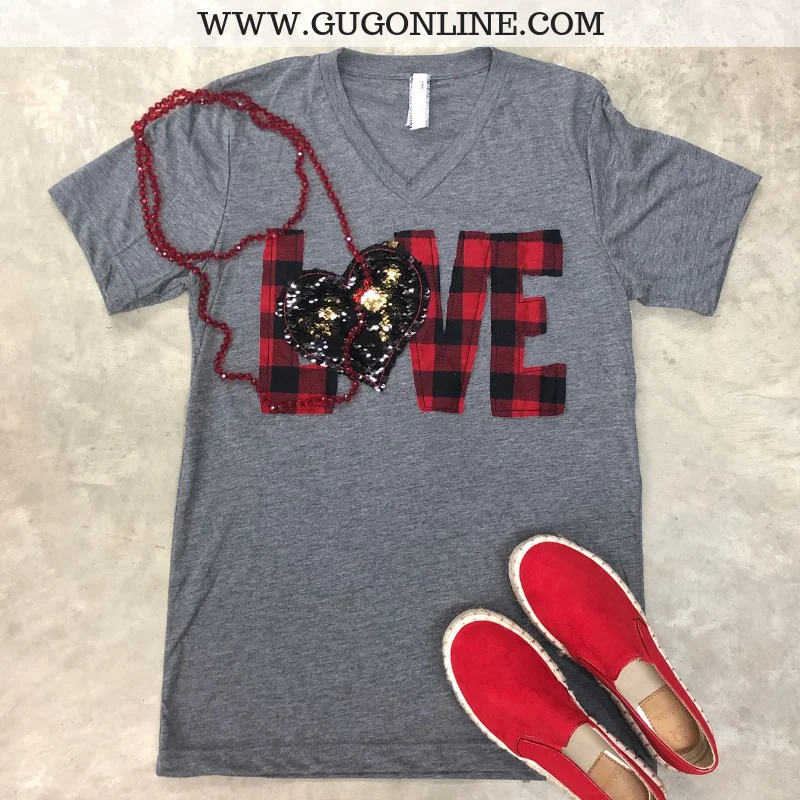 Last Chance Size Small | When Love Sparkles Buffalo Plaid Short Sleeve Tee with Sequin Heart in Heather Grey