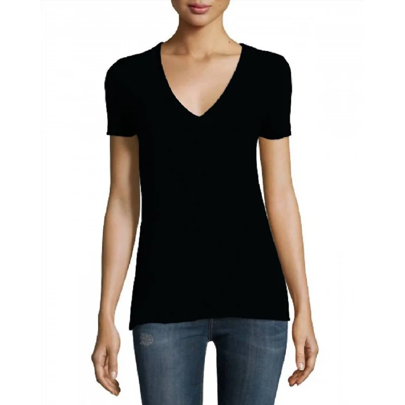 Women V-Neck Short Sleeve T-Shirt In Black