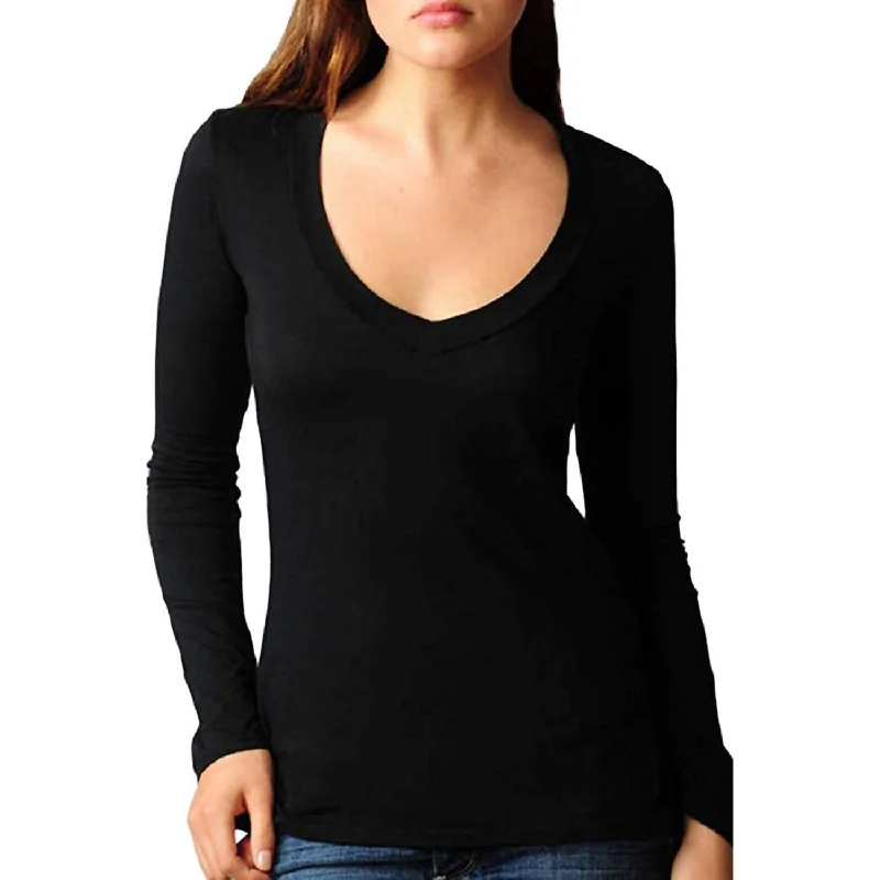 Women's V-Neck Long Sleeve T-Shirt In Black