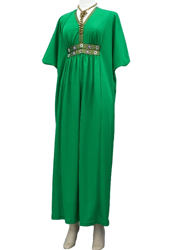 1960s Vintage Green Hostess Kaftan Maxi Dress • Angel Sleeves