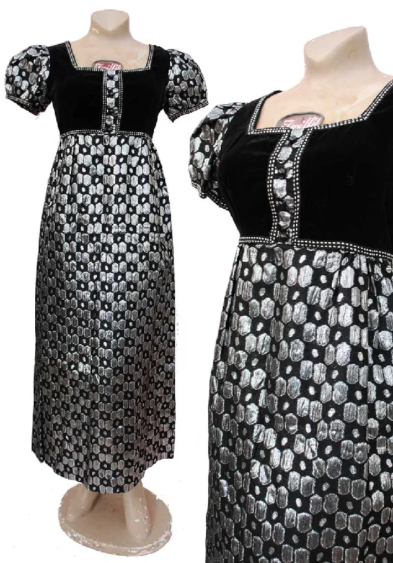 1960s Vintage Silver Lame & Black Velvet Empire Line Evening Dress • Maxi Dress