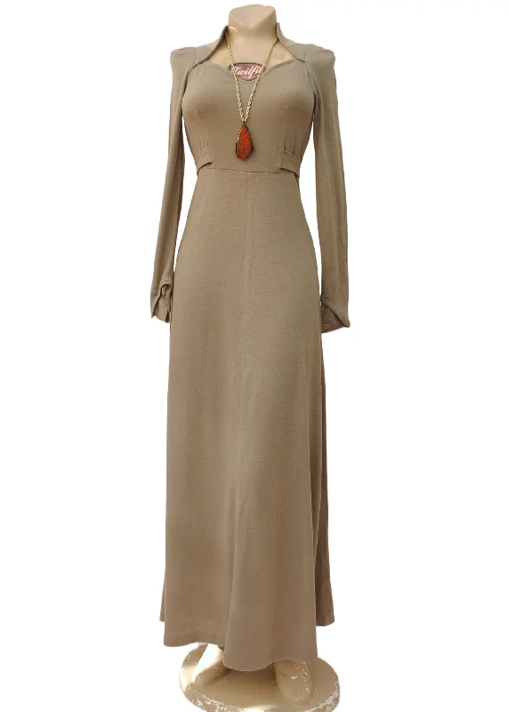 1970s Mushroom Beige Maxi Dress