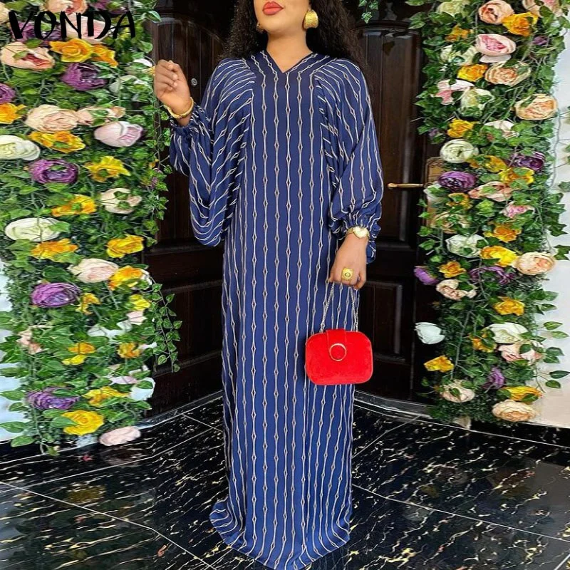 2023 VONDA Elegant Maxi Dress Women Long Lantern Sleeve Summer V Neck Sexy Party Printed Sundress Ruffled Ladies Long Vestidos Elegant Maxi Dress with Ruffles