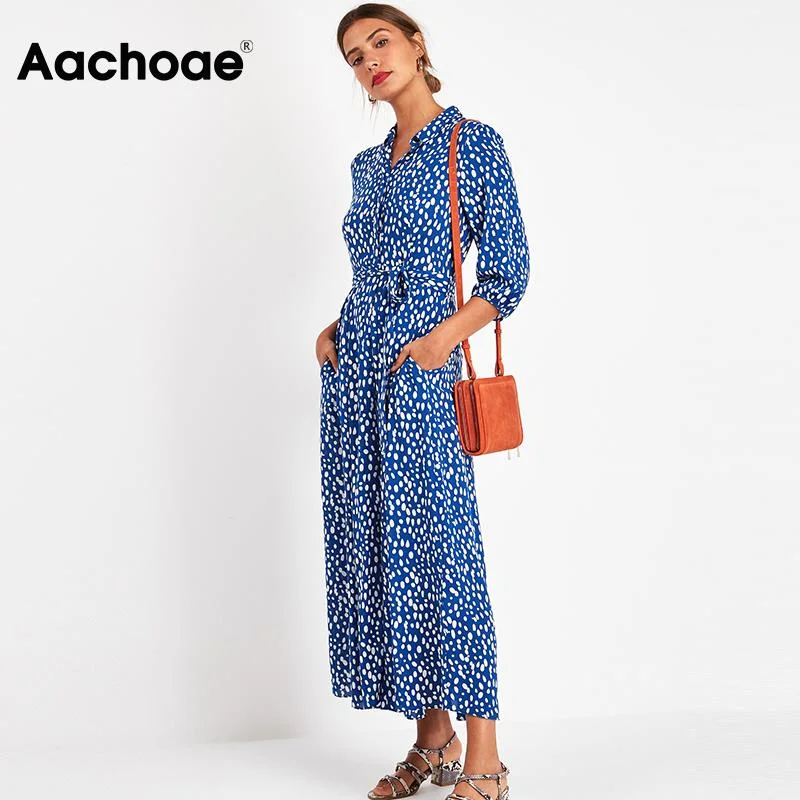 Aachoae 2023 Women Long Printed Dresses Three Quarter Sleeve Bohemian Maxi Dress Turn Down Collar Shirt Dress Vestidos Mujer Stylish Maxi Dress with Frills Aachoae 2023 Women Long Printed Dresses Three Quarter Sleeve Bohemian Maxi Dress Turn Down Collar Shirt Dress Vestidos Mujer Stylish Maxi Dress with Frills