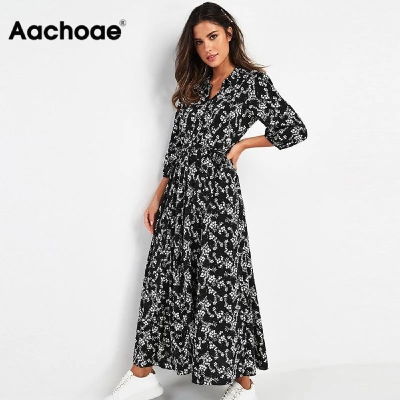 Aachoae Vintage Floral Print Maxi Dress Women Boho Three Quarter Sleeve Long Dress Turn Down Collar Casual Shirt Dresses Robe Trendy Short Sleeve Maxi Dress