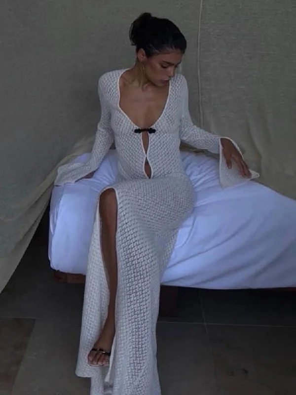 Zjkrl Summer Beach Holiday Knitted Maxi Dress Outfits for Women Party Club Long Sleeve See Through Dresses Hollow Out