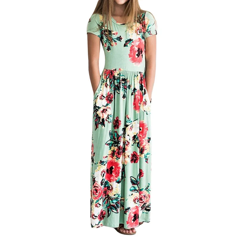 Aqua Floral Maxi Dress Fashionable High-Waist Maxi Dress