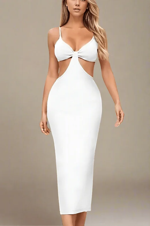 Aria Bodycon Day Maxi Dress - Pearl White Stylish Button-Up Maxi Dress