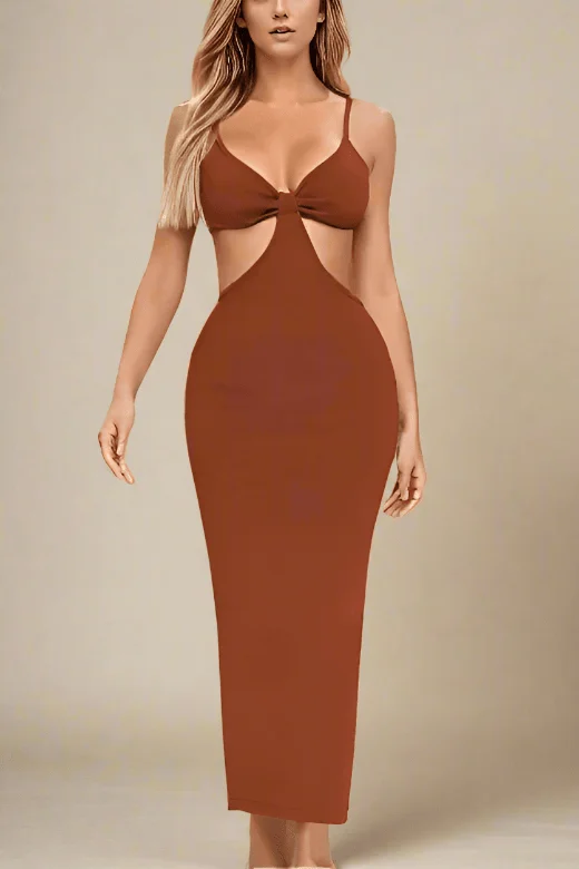 Aria Bodycon Day Maxi Dress - Tan Brown Comfortable Satin Maxi Dress
