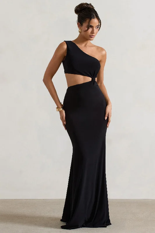 Aspyn | Black Asymmetric Twisted Cut-Out Fishtail Maxi Dress