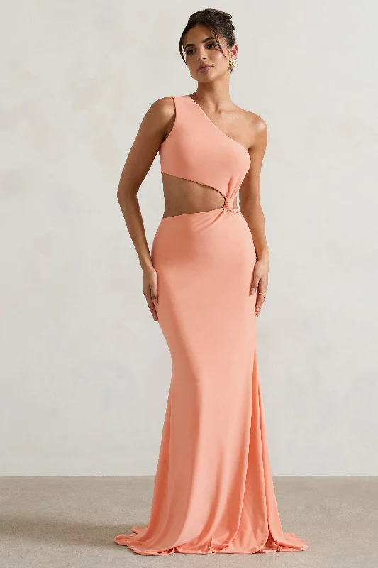 Aspyn | Coral Asymmetric Twisted Cut-Out Fishtail Maxi Dress