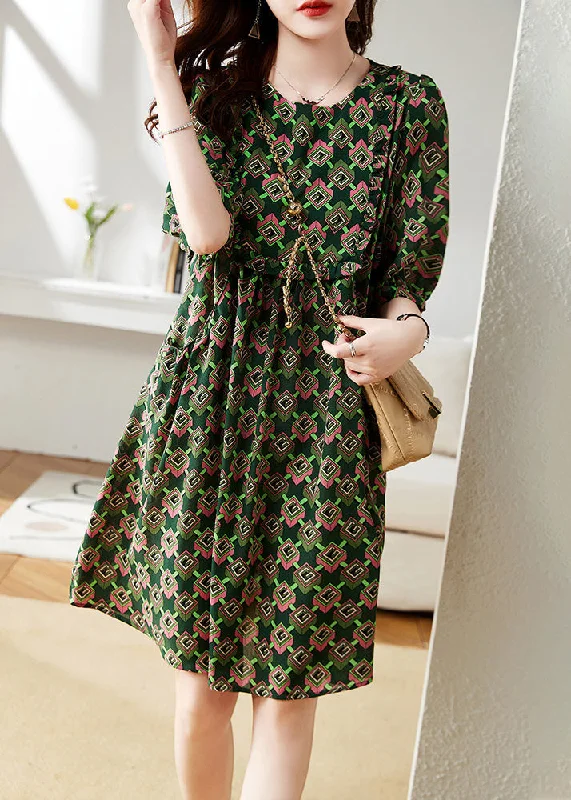 Beautiful Green O-Neck Print Chiffon Maxi Dress Summer Fashionable Open-Back Maxi Dress