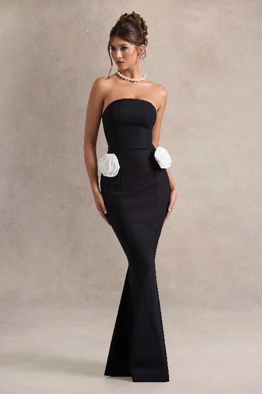 Best Of The Best | Black Strapless Fishtail Maxi Dress With Corsages