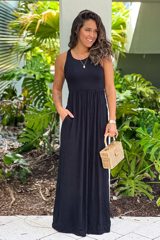 Black Maxi Dress with Pockets Comfortable Maxi Dress with Slits