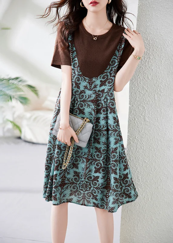 Black Print Fake Two Pieces Maxi Dress Short Sleeve Classic V-Neck Maxi Dress
