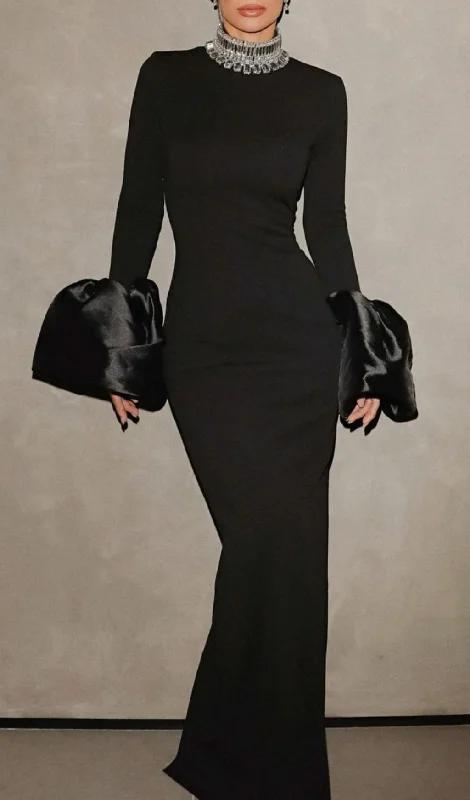 BLACK TRUMPET SLEEVE HIGH-NECK MAXI DRESS Fashionable Off-Shoulder Maxi Dress