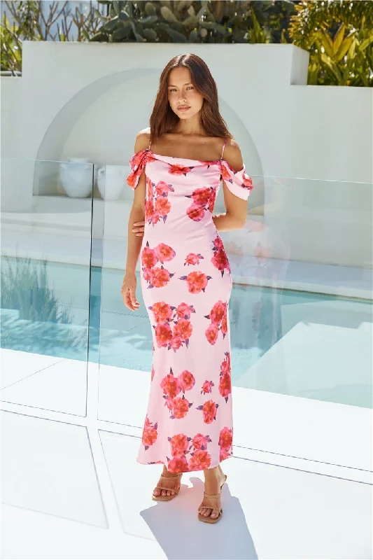 Blooming Love Satin Maxi Dress Pink Cozy Cold-Shoulder Maxi Dress