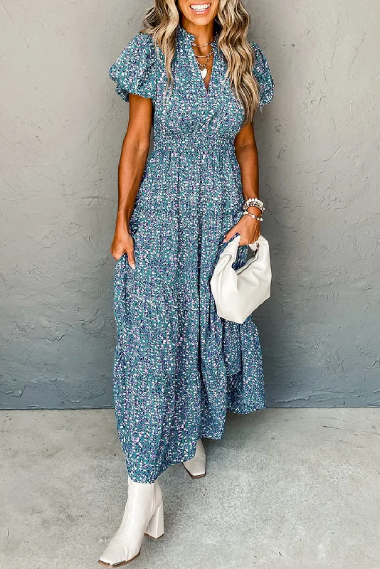 Blue Zone Planet | Blue Printed V Neck Shirred Short Puff Sleeve Maxi Dress Elegant Wraparound Maxi Dress Blue Zone Planet | Blue Printed V Neck Shirred Short Puff Sleeve Maxi Dress Elegant Wraparound Maxi Dress