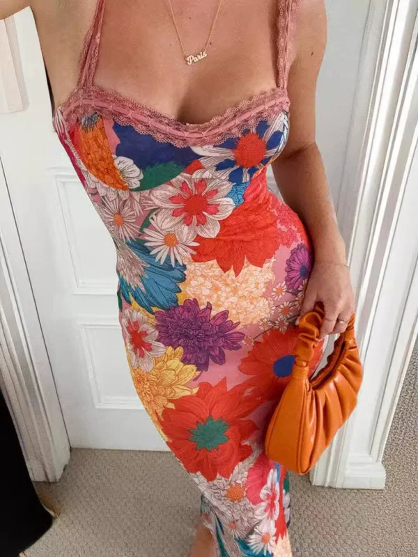 Blue Zone Planet | Ella's Floral Print Spaghetti Strap Lace Backless Maxi Dress Elegant Tiered Maxi Dress
