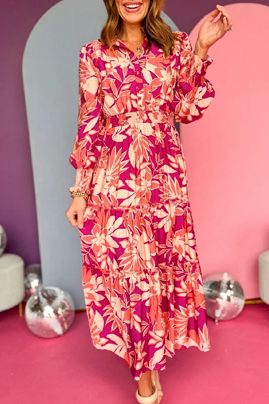 Blue Zone Planet |  Rose Floral Print Buttoned Smocked High Waist Maxi Dress Stylish Button-Up Maxi Dress