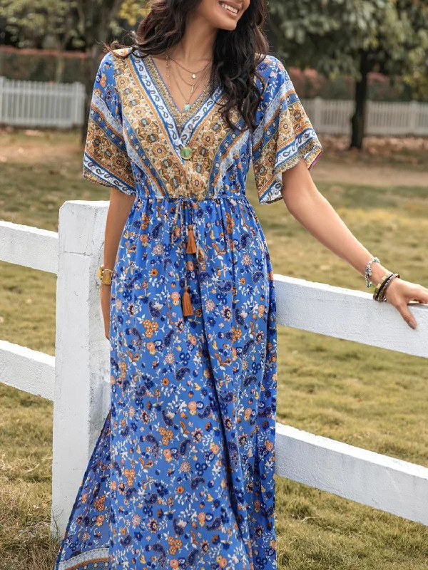 Blue Zone Planet | Slit Printed V-Neck Half Sleeve Maxi Dress Trendy Maxi Dress with Bow Blue Zone Planet | Slit Printed V-Neck Half Sleeve Maxi Dress Trendy Maxi Dress with Bow