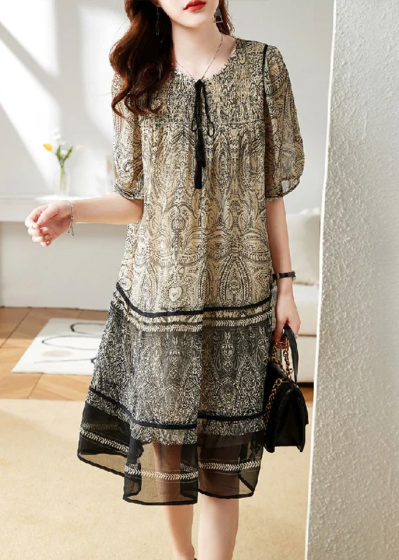 Bohemian Beige O-Neck Print Chiffon Maxi Dress Short Sleeve Fashionable High-Low Maxi Dress