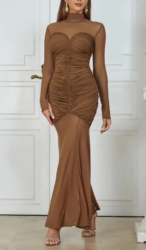 BROWN FIGURE-HUGGING RUCHED MAXI DRESS Fashionable Asymmetrical Maxi Dress