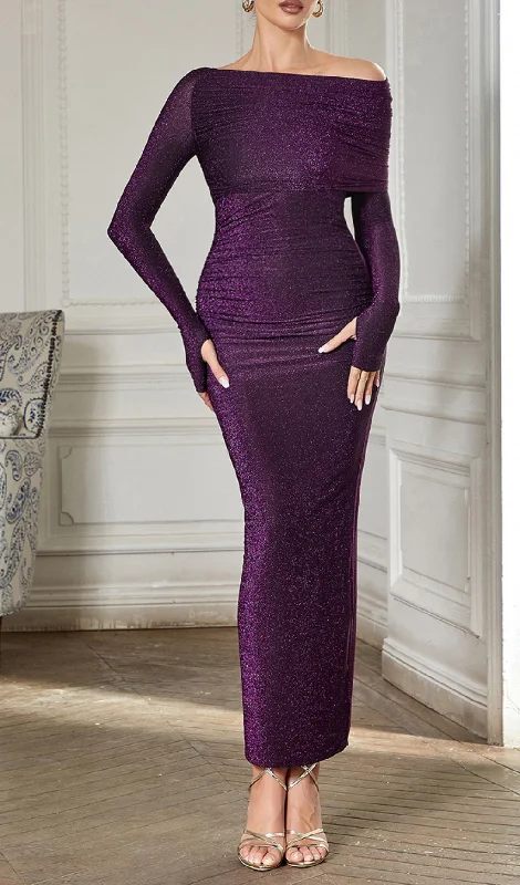 PURPLE LONG SLEEVE OFF SHOULDER BODYCON MAXI DRESS Elegant Maxi Dress with Pockets