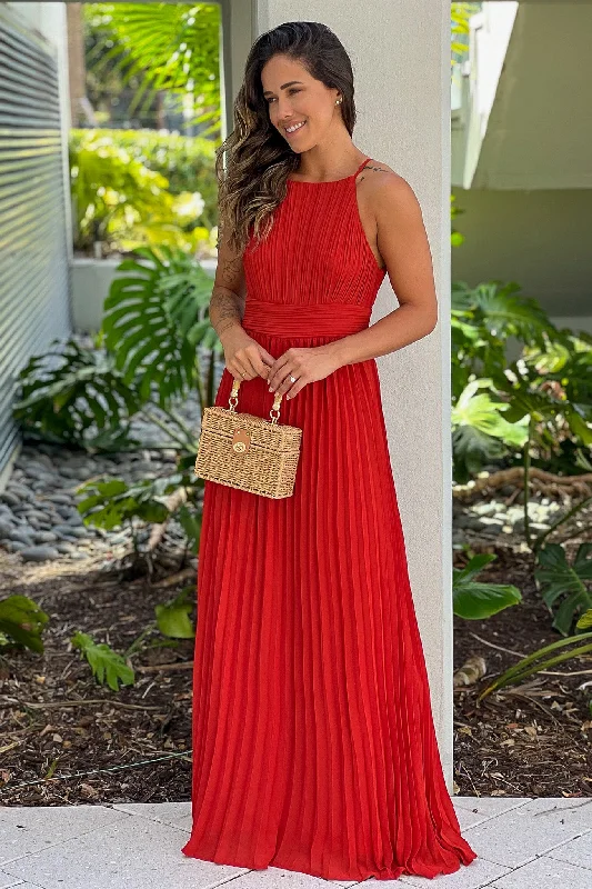 Burnt Orange Pleated Maxi Dress Elegant Silk Maxi Dress