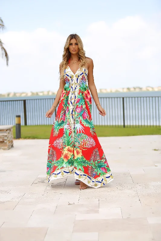 Cali Long Floral Maxi Dress - Red Elegant Maxi Dress with Drapes