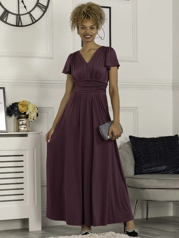 Cap Sleeve Jersey Maxi Dress , Dark Purple Stylish A-Line Maxi Dress