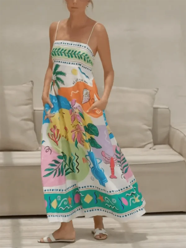 Blue Zone Planet | Cara's Ocean Print Spaghetti Strap Sleeveless Swing Maxi Dress Trendy Ruffled Maxi Dress Blue Zone Planet | Cara's Ocean Print Spaghetti Strap Sleeveless Swing Maxi Dress Trendy Ruffled Maxi Dress