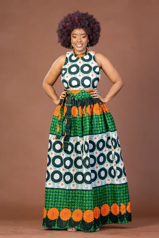 Cecilia Ankara Maxi Dress | Green and White African Print